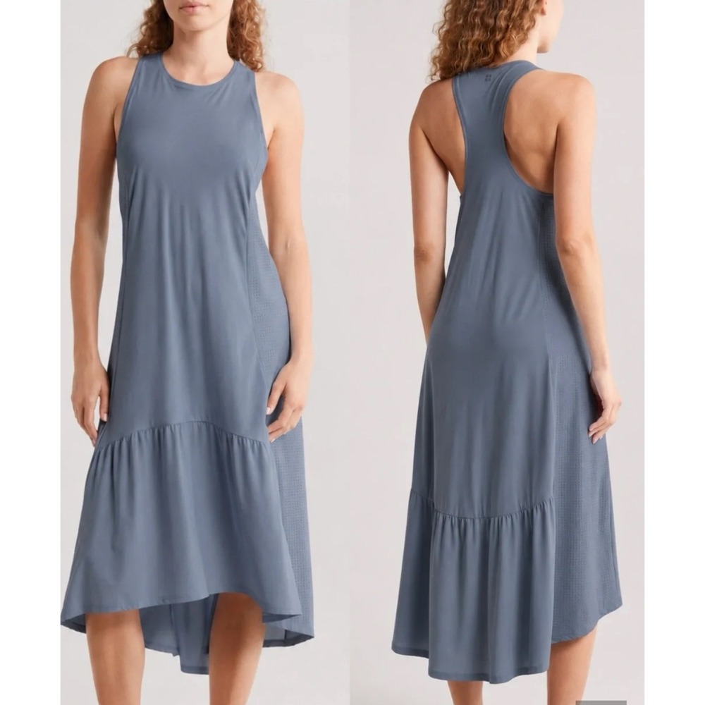 Sweaty Betty Swift Racerback Dress Blue Grey High Low Tiered Midi Size 6